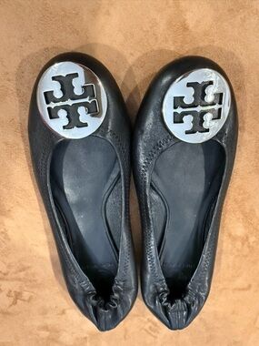 Tory Burch Black Leather Logo Round-Toe Ballet Flats